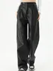 Women's Pants PU Leather 2024 Autumn Winter Solid Black High Waist Wide Leg Full Length Loose Female Classic Trousers