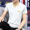 2024 Summer Ice Silk Quick Drying Cool Feel Embroidered Mens Short Sleeved T-shirt V-neck Casual Trendy Clothing