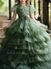 Girl Dresses Green Tulle Ball Gown Lace Applique Tiered Puff Sleeve Flower For Wedding Communion Party Pageant Clothes FL4-1.5