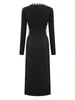 Casual Dresses Solid Nail Bit Vent Design For Women Round Neck High Waist Long Sleeve Elegant Dress Female Spring 2024 3WM500