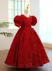 Girl Dresses Beautiful Red Long Flower Girls Sequined Tulle First Communion Pageant Gown Birthday Party Dress