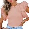 Mody kobiety Summer Solid Kolor T-shirty siatka patchworka marszczyzny wystrój rękaw z nokrekiem Slim Pullover dzianinowy top