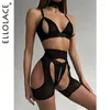 Bras Sets Ellolace Sensual Lingerie Open Bra Exotic 4-Piece Sissy Crotchless Tulle Underwear Erotic Pron Bilizna Fantasy Outfits