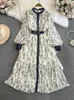 Robes décontractées élégant robe imprimé floral femme vintage collor collier ceinture fée plissée printemps à manches longues