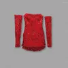 Robes décontractées Mode rouge Bustier Tube Top à manches longues Slim Paillettes Perlée Dentelle Serrée Mini Robe