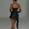 Vestidos casuales Sexy encaje negro ver a través de volantes mini perspectiva elegante fuera del hombro sin espalda batas plisadas mujeres chic fiesta