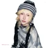 Berets Harajuku Vintage Striped Knitted Hat Exaggerated Star Strap Tassels Braid Earflap Cap Winter Pullover Bomber