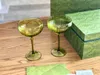 مصمم عتيقة الزجاج الأخضر طويل القامة كوب عتيقة تموج كأس النبيذ الأحمر 2 قطعة مجموعة هدية كوب النبيذ مع صندوق هدايا