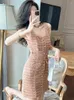 Casual Dresses Elegant Celebrity Women's Tweed Dress For Women Retro Sexy Tank Single Breasted Wrapped Hip Mini Gown Femme Party Bottom