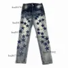 2023 Designer dżinsy High Street Purple for Men Haftery Pants Women Overize Ripped Patch Hole Denim prosta moda streetwear Slim Blue