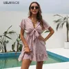 Robes décontractées à manches courtes imprimé floral mini robe pour femmes 2024 été élégant col en V arc taille élastique en mousseline de soie plage robe d'été