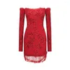 Casual Dresses Red Fashion Strapless Tube Top Long Sleeve Slim Sequined Beaded Lace Tight Mini Dress