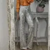 Women's Pants Women Elegant Glitter Sequin Office Trousers Spring Autumn Casual Loose Wide Leg 2024 Fashion High Waist Straight Trouser