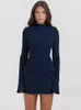 Autumn Elegant Dark Blue Sticked Mini Dress Sexig solid Pocket Long Sleeve Bodycon Dresses Chic Lady Party Club Robe Vestidos Y240130