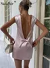 Casual Dresses Nadafair Women Mini Dress Summer Slim Elegant Party Office Lady Sleeveless O Neck Satin Backless Bow Streetwear 2024