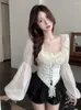 Women's Blouses Korejepo Niche Sexy Lace Shirt Waistband Lantern Sleeves Irregular Slim Fit Shirts Top 2024 Gentle Princess Casual