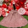 Rose brillant 3D fleurs hors de l'épaule robe de bal robes de Quinceanera à lacets doux 16 robes de 15 ans