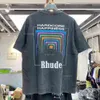 ブランドデザイナーTシャツの男性女性ビンテージヘビーファブリックRhude Box Perspective Tシャツややゆるいマルチカラー素敵な洗浄Tシャツ393