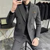 Herrdräkter blazrar (blazer+väst+byxor) brudgummen bröllop manlig kostym lyx varumärke mode randig mens casual business office dubbel breasted kostym