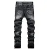 Jeans masculinos streetwear anjo impressão carta preto magro rasgado estiramento magro highstreet biker denim calças homens roupas de marca