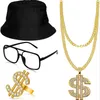 Collana Orecchini Set Retro Prom Party Abbigliamento da uomo Cosplay Hip Hop Punk Dollar Cappello e occhiali da pescatore