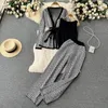 Women's Pants Knitted Outfits Vintage 3 Piece Sets For Women Roupas Femme Bandage Cardigan Tunic Vest High Waist Straight Wide Leg Suit