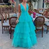 Casual Dresses Female Sexy Evening Party Night Dress Women Pink White Blue Organza Elegant Puff Tiered Ball Gown V-neck Layer Ruffles Long