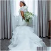 Meerjungfrau Brautkleider Luxuskleid für die Braut Schatz Illusion Fllace Perlen Braut Perlen Tiered Tle Spitze Kleider Ehe mit J Dh3Ye