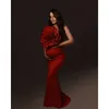 Red Ruffle Maternity Photoshoot Photography Dress Baby Shower Dresses for Pregnant Woman