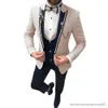 Herrdräkter blazrar Beige Mens Suits 3 stycken Eleganta kostymer för herrens avslappnade pendlarkontor för bröllop (blazer+väst+byxor)