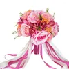 Bröllopsblommor Brudbukett Artificial Rose Fake Chrysanthemum Orchid Holding With Long Ribbon Party Decoration