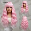 Temu Duoduo perruque cheveux longs bouclés frange femme rose blanc or rose net tête complète ensemble perruque longue