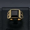 European and American Classic Retro Ring Titanium Steel ColorRetaining Gold Plated Black Agate Masonic AG Mens Ring5977685