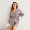 Damen-Nachtwäsche, 2-teiliges Pyjama-Set für Damen, einfarbig/Patchwork, lange Ärmel, Federbündchen, Hemden, Oberteile, kurze Hosen, lockere Schlaf-/Hauskleidung