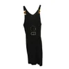 Sexy Sling Knitted Dress Retro Embroidery Portrait Camisole Dress Summer Designer Sleeveless Knitting Skirts High Elastic Slim Skirt with Gold Buckle