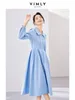 Casual Dresses Vimly Cotton Women's Blue Button Up Shirt 2024 Autumn Fashion A-Line Lapel Long Sleeve Elegant Midi Dress M2917