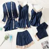 Blue Silk Pyjamas Summer Autumn Spring 5 Pieces Set Elegant Women Pyjamas Top Elastic Midje Pants Lounge Sleepwear Homewear 210831284M