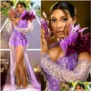 Prom Dresses Purple Mermaid Evening Feather Illusion High Split Promdress With Gloves Lace Crystals Birthday Party Gowns Second Rece Dhkql