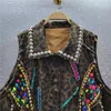 Women's Vests Heavy Work Rivets Diamonds Denim Vest Women Waistcoat Leopard Print Cowboy Sleeveless Jacket Coat Loose Short Jeans Female