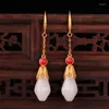 Boucles d'oreilles pendantes en Jade naturel Magnolia blanc pour femmes, longues, fraîches et anciennes, artisanales en or, boucles d'oreilles classiques, bijoux de Banquet