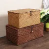 European Creative See Grass Straw Handmade Woven Basket With Cover Rattan Box Bin Storage Sundries Holder Home Decor299D