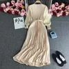 Casual Dresses Women's Spring Pleated Slim Waist Thin Temperament Light Mature Style French Dress Solid Color Long Vestido