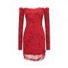 Casual Dresses Red Fashion Strapless Tube Top Long Sleeve Slim Sequined Pärlad spets tätt miniklänning