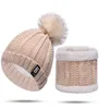 Frauen Strickmütze Wolle Reine Farbe Schal Set Passende Hüte Winter Warme Mütze Lässige Bommel Bommel Beanie7528779