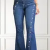 نساء الأزياء السهل الزر ديكور الساق الطويل السراويل جينز جينز السيدات عالية الخصر نحيل القاع على نطاق واسع 240124