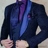 Men's Suits Blazers Navy Blue Men Suits Floral Jacquard Slim Fit With Shawl Lapel Tuxedo for Groomsmen Male Fashion Costume 3 Piece Custom Wedding