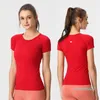 Lu lemens bayan yoga kıyafeti kısa kollu gömlek düz renkli spor gömlekleri çalıştıran alıntı spor salonu fiess antrenör kızlar silm jogging spor giyim nefes alabilir