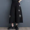 Kadın pantolon siyah patchwork yüksek bel bahar yaz geniş bacak culotte nakış çiçek moda kadınlar rahat etekler