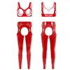 Bras Sets Sexy Womens Crotchless Lingerie Set Wet Look Patent Leather Sleeveless Open Bust Crop Top With High Waist BuLeggings