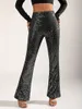 Women's Pants Bling Pant For Women Black Silver Sparkling Sequined Flare Relaxation Of Tall Waist Wide Leg Elegant Sexy Compelling